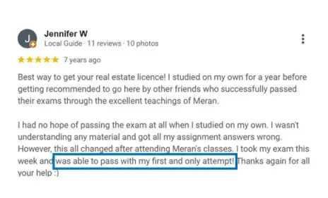 Jennifer - real estate exam preparation result student review