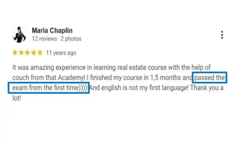 Maria - real estate exam preparation result student review