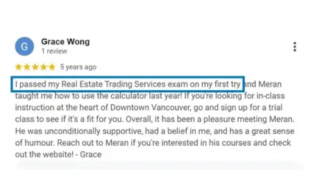 Grace - UBC real estate course success testimonial